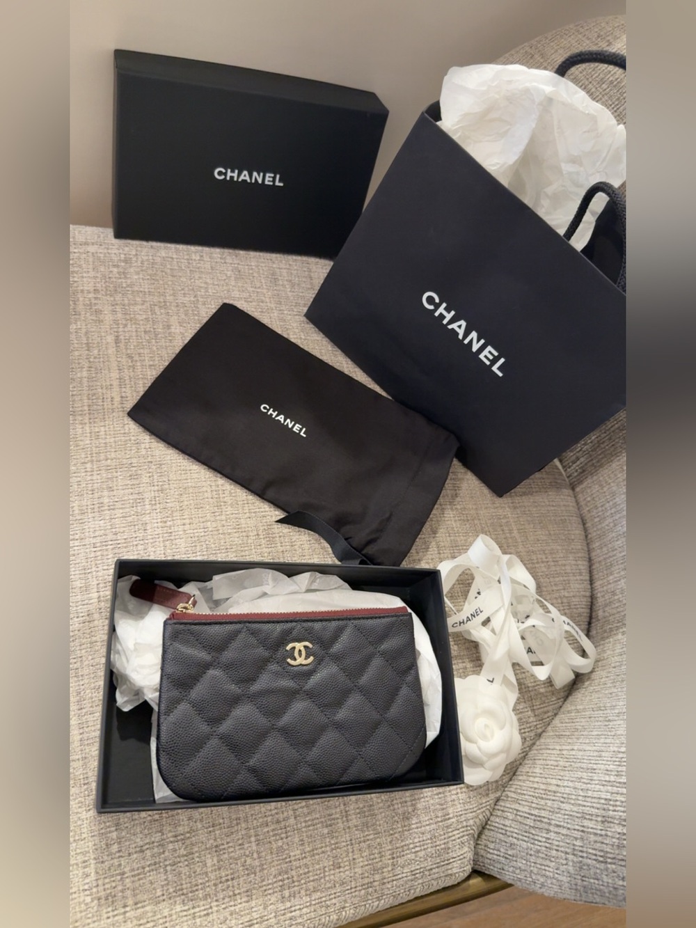 “BRAND NEW” Chanel Black Quilted Leather Zip Pouch never used
